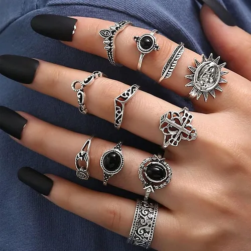 Vista 2 de FAXHION Juego de anillos de cadena punk de plata vintage para hombres mujeres y niñas anillos góticos geniales anillos de dedo de cadena gruesa