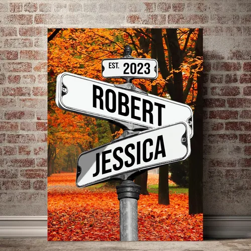 Vista 13 de Cartel de calle vintage de lienzo personalizado para parejas, cartel de cruce de caminos con nombre personalizado, el mejor regalo para parejas