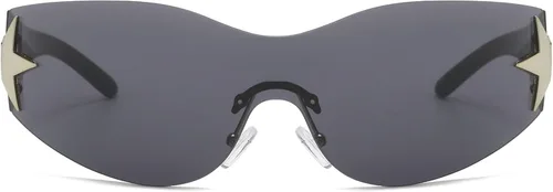 Vista 2 de YAMEIZE Y2K - Gafas de sol envolventes con forma de estrella, diseño de pentagrama futurista de los años 2000, sin montura para mujeres y hombres