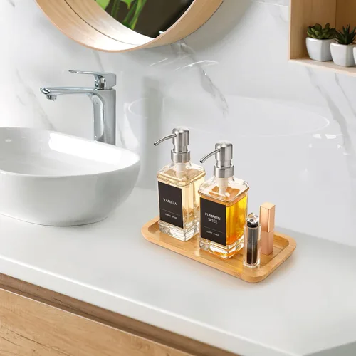 Vista 4 de Bandeja de tocador de bambú, bandeja de encimera de baño, organizador rectangular de madera para dispensador de jabón, velas, joyas, perfumes, 9.8 x