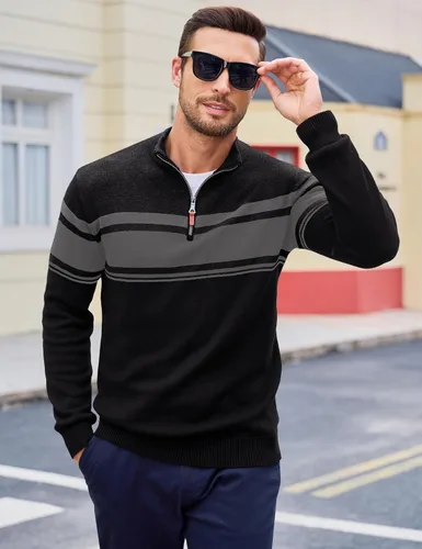 Vista 16 de MAGCOMSEN Suéteres de algodón con cremallera de 1/4 para hombre, suéter tipo polo, a rayas, para otoño e invierno, sudaderas cálidas