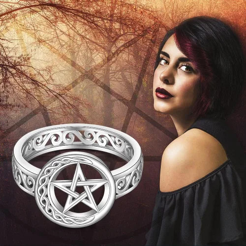 Vista 3 de Talonior Anillo de pentagrama con pentáculo para mujer, nudo celta, luna creciente, bruja, wicca, anillos paganos, plata de ley, amuleto, estrella