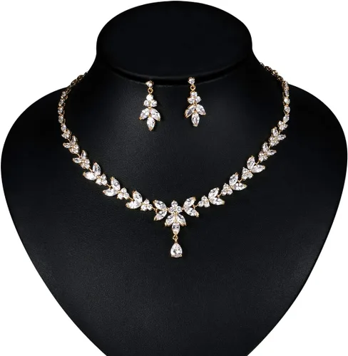Vista 3 de WeimanJewelry Juego de collar y aretes de gota para mujer, chapado en plataorooro rosa, circonita cúbica redonda con circonita cúbica marquesa