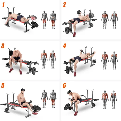 Vista 6 de Equipo de entrenamiento de banco de pesas estándar 6 en 1 para gimnasio en casa, entrenamiento de cuerpo completo, juego de prensa de banco, rizo