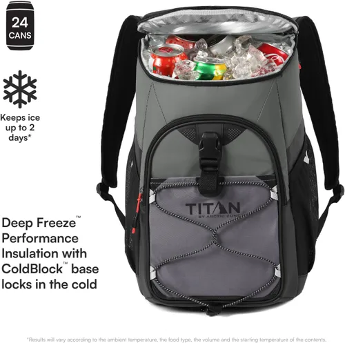 Vista 2 de Titan by Arctic Zone Backpack Cooler, Insulated Soft Sided Bag with Leak Proof Lining and Padded Straps, for Lunch, Picnic, and Travel, 24 Can Gris