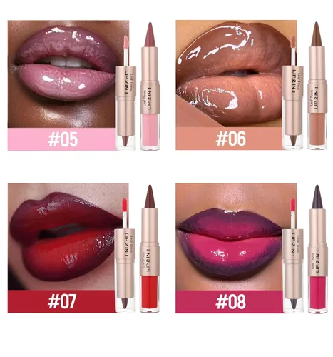 Vista 5 de BAISEN DIARY 2 en 1 doble punta mate delineador de labios y brillo de labios, lápiz combinado de labios marrón nude degradado, delineador de labios