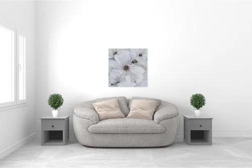 Vista 6 de SYGALLERIER Arte abstracto de pared de flores, pintura al óleo floral gris y blanca con adornos de lámina dorada, arte de pared de lienzo hecho a