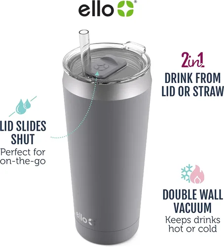 Vista 3 de Ello Beacon - Vaso de acero inoxidable aislado al vacío con tapa deslizante y popote opcional