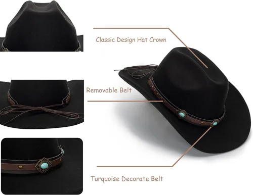 Vista 4 de Sombrero de vaquero occidental para hombres y mujeres, sombrero clásico de Fedora con cinturón de hebilla