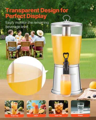 Vista 4 de VEVOR Dispensador de bebidas, dispensador de bebidas de 2.1 galones para fiestas, dispensador de jugo de acero inoxidable + plástico con cámara