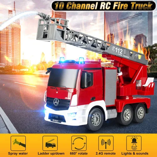 Vista 8 de DOUBLE E - Camión de bomberos a control remoto de 10 canales, escalera extensible de 18 pulgadas con bomba de agua, con luces sonoras que funcionan