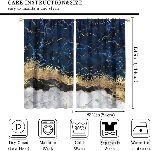 Vista 2 de Cortinas abstractas de mármol de lujo de lujo azul marino dorado a rayas con patrón de mármol estampado para dormitorio, sala de estar, cortinas