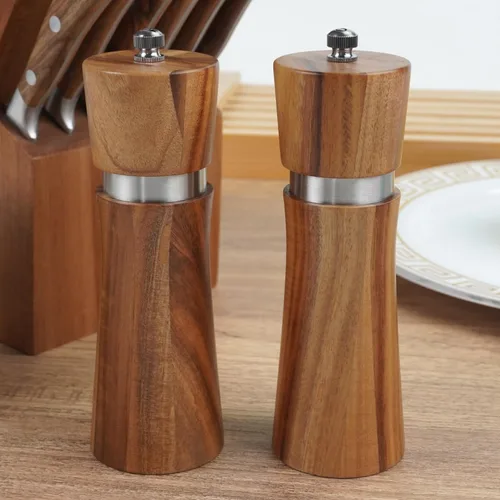 Vista 5 de Juego de 2 molinillo de madera para sal y pimienta, funciona a mano, recargable con núcleo de cerámica/acero inoxidable