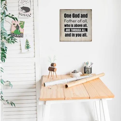 Vista 3 de Placa de pared con texto en inglés «One God and Father of All» (One God and Father of All), placa de madera motivacional para colgar en la pared
