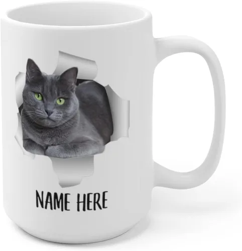 Vista 3 de Taza de café blanca con nombre divertido con nombre, gato azul ruso, azul, gris, texto personalizado, regalo de Navidad, 15 onzas