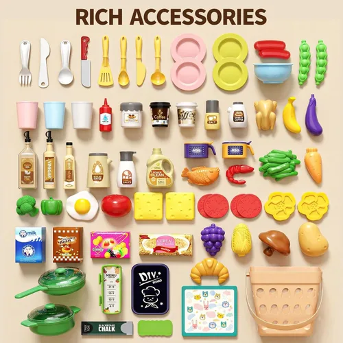 Vista 7 de Juego de cocina para niños de 33.8 pulgadas - 70 piezas con sonido y luz - Estufa de cocina con vapor, fregadero de juego y accesorios de cocina