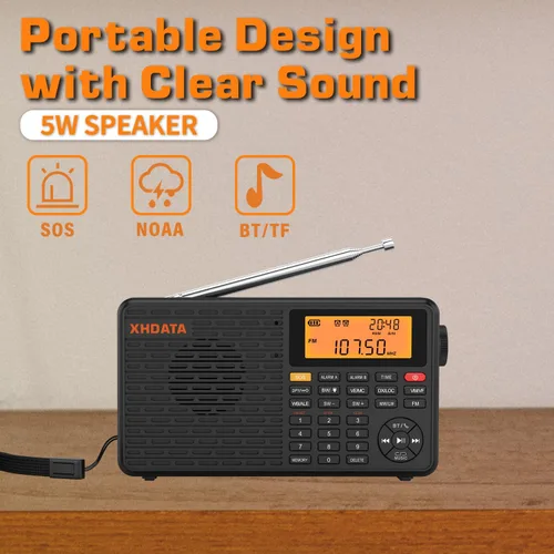 Vista 6 de XHDATA D109WB Radio Meteorológica Portátil AM/FM/SW/LW/WB de Onda Corta con Alerta NOAA, Operada por Batería, Excelente Sonido, Altavoz Inalámbrico