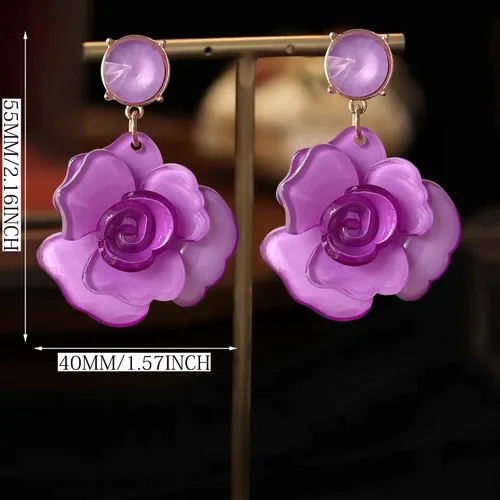 Vista 2 de Aretes colgantes de resina de gran tamaño, bohemios, únicos, delicados, de lujo, de gran tamaño, con flores grandes, pétalos florales para mujer