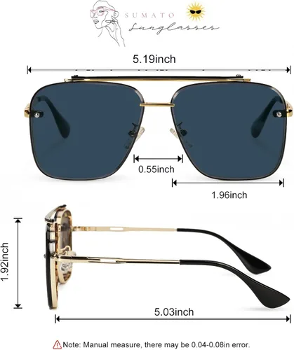 Vista 6 de Aviator Sunglasses for Women Men Retro Double Bridge Square Metal Frame Twin Beams Mirrored Shades