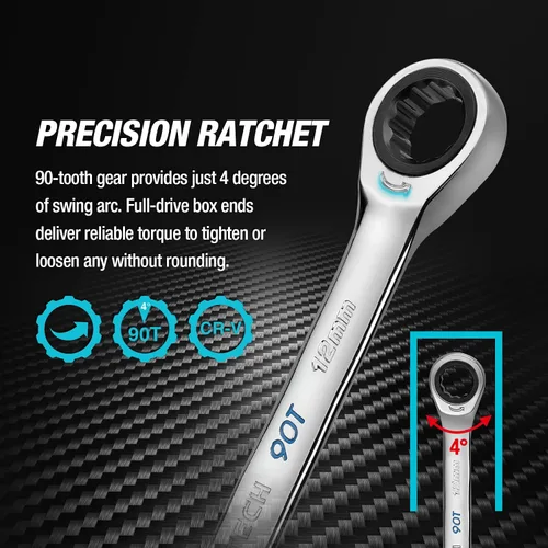 Vista 7 de DURATECH Juego de llaves de trinquete extralargas de 9 piezas y 8 piezas de 90 dientes, métricas, acero CR-V