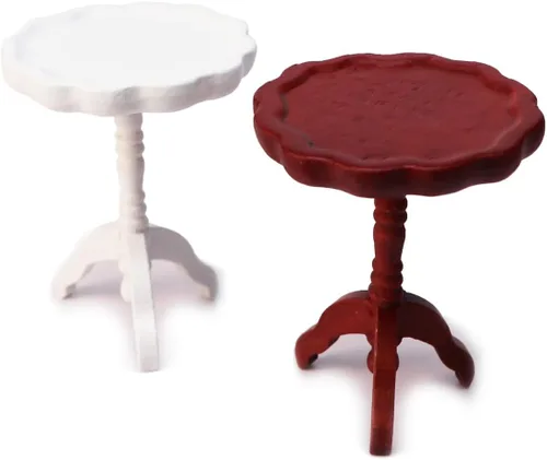 Vista 8 de Mesa auxiliar de casa de muñecas en miniatura, a escala 1:12, muebles de madera, mesa de té lateral redonda, modelo para casa de muñecas, sala