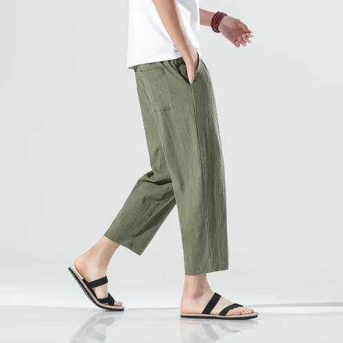 Vista 5 de PRIJOUHE Pantalones harén para hombre, casuales, ligeros, holgados, pantalones capri de lino con cintura elástica