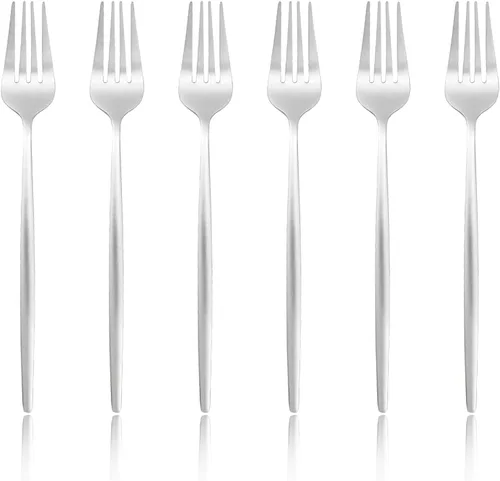 Vista 8 de Juego de 6 tenedores de postre de acero inoxidable de 3 dientes, juego de tenedores para frutas y tartas, 5.31 pulgadas, color plateado