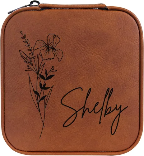 Vista 61 de Joyero de flores de nacimiento personalizado Estuche de viaje (cuero crudo, abril - guisante dulce)