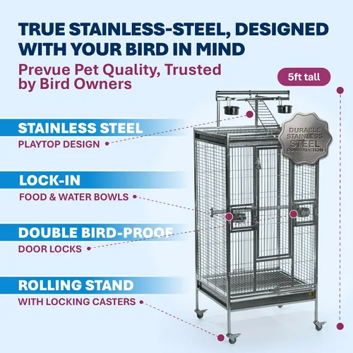 Vista 3 de Prevue Pet Products Jaula de acero inoxidable para pájaros, acero inoxidable, mediana Ideal para cacatúas, cuáqueros, conures verdes de mejillas