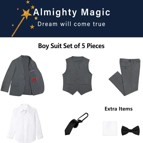 Vista 4 de Trajes formales para niño, 5 piezas, conjunto de traje de vestir con anillo