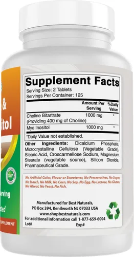 Vista 6 de Best Naturals Colina inositol (Myo Inositol) 2000 mg por porción 250 comprimidos - Sin OMG, sin gluten, fabricado en los Estados Unidos