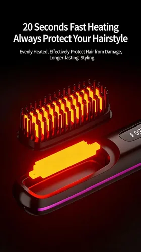 Vista 2 de Peine alisador de pelo inalámbrico, alisador y rizador de pelo de cerámica iónica portátil con pantalla LCD, plancha plana inalámbrica de 3 niveles