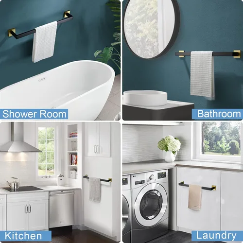 Vista 7 de TQKAG Toallero individual negro y dorado de 23.6 pulgadas, toallero de baño de acero inoxidable montado en la pared, colgador de toallas de baño.