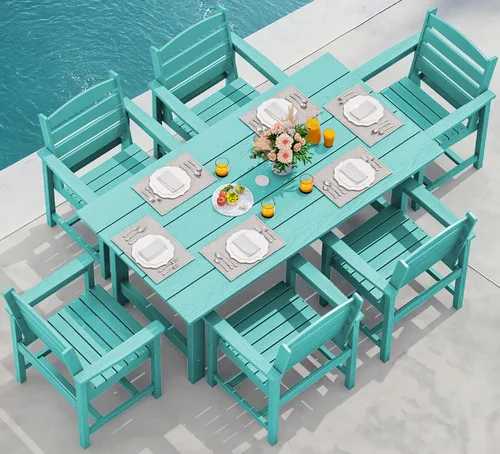 Vista 10 de SERWALL Juego de mesa de comedor de 7 piezas, muebles de comedor de polietileno de alta densidad para exteriores con agujero para paraguas y 6 Negro