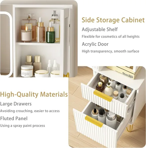 Vista 5 de Escritorio de tocador de 43 pulgadas con espejo y luces, mesa de tocador de maquillaje con 4 cajones, tocador blanco para dormitorio, escritorio
