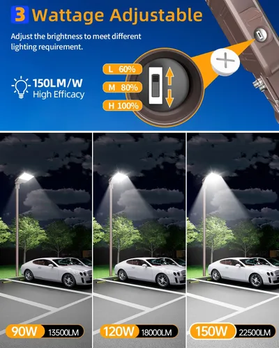 Vista 3 de 3 luces LED de estacionamiento de 150 W, 120 W, 90 W, caja de zapatos LED 5000 K, ajustador deslizante ajustable, lámpara de calle al aire libre