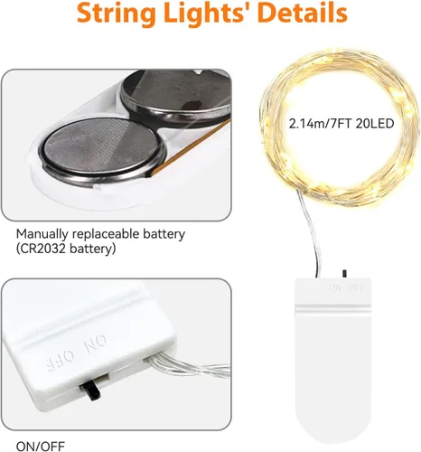 Vista 6 de litogo Paquete de 24 Luces de Hadas que Funcionan con Pilas, 7 pies, 20 LED Luces de Cadena de Hadas Impermeables, Pequeñas Mini Luces para Frascos