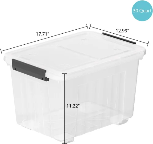 Vista 2 de Paquete de 4 contenedores de almacenamiento de plástico de 30 cuartos de galón con tapas de pestillo y ruedas, contenedor transparente Clear