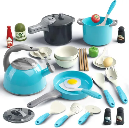 Vista 18 de Bruvoalon Juego de 32 juguetes de cocina para niños, accesorios de cocina con ollas, sartenes, utensilios de cocina, alimentos, verduras enlatadas