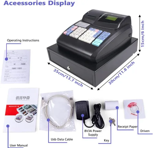 Vista 7 de Caja registradora electrónica con 6 pantallas LED digitales para pequeñas empresas, minoristas, supermercados, cajas registradoras con cajón y Negro