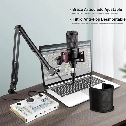 Vista 6 de Micrófono de condensador XLR, micrófono profesional de grabación de estudio para computadora PC, kit de micrófono cardioide para podcast con brazo