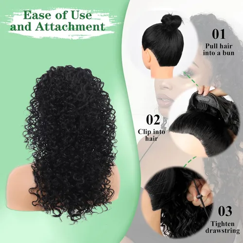 Vista 4 de Youthfee Cola de caballo con cordón para mujer, cola de caballo rizada profunda, sintética mezclada con cabello humano, negro natural, afro, rizado
