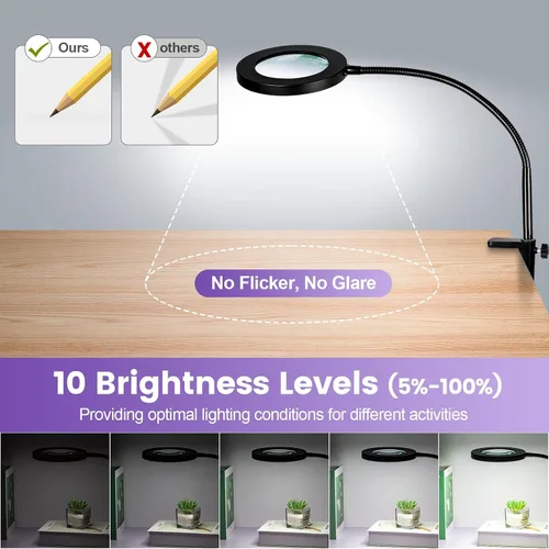 Vista 5 de Lámpara de lupa de 12 aumentos con luz y soporte, lámpara de pie LED de aumento de NUEYiO con atenuación sin escalones de 3 colores, lámpara de lupa