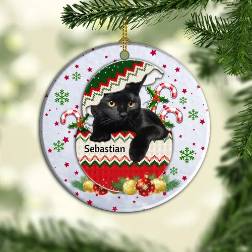 Vista 3 de Adorno colgante personalizado para decoración del árbol de Navidad de gato negro, adorno de bola de Navidad de gato negro, adorno de Navidad