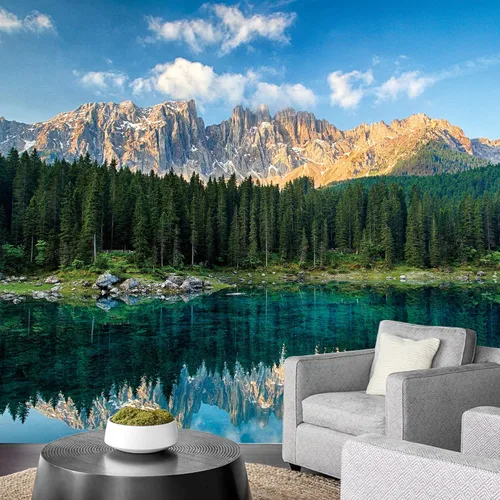 Vista 3 de IDEA4WALL Adhesivo mural removible para pared, bosque de pino sereno, montaña, lago, naturaleza, fotografía, realismo, paisaje decorativo, rústico