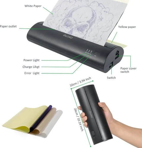 Vista 7 de VLOXO Impresora de plantillas de tatuaje inalámbrica, fotocopiadora portátil de transferencia térmica de tatuajes, impresora de tatuajes recargable