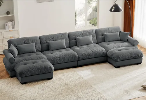 Vista 19 de Sofá modular de terciopelo con botones en L, sofá modular reversible de esquina de 2 plazas, sofá biplaza y otomano, combinación gratuita de 93.7