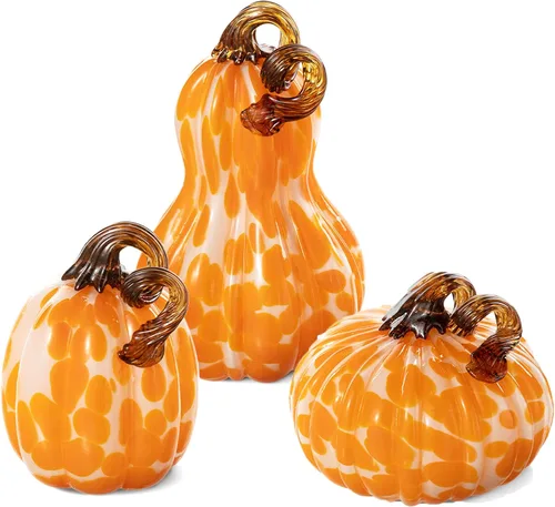 Vista 9 de Glitzhome Calabaza de cristal soplada a mano 3pcs Calabaza de cristal de otoño, azul/blanco