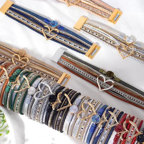 Vista 3 de Long tiantian Leather Heart Wrap Bracelets for Women Stocking Stuffers Handmade Stackable Boho Cuff Bangles Bracelet Trendy Birthday Christmas Gifts