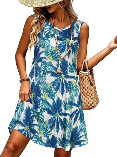 Vista 22 de elescat Vestidos de verano para mujer 2025, vestido casual de playa sin mangas con estampado floral, tipo camiseta, suelto y con bolsillos